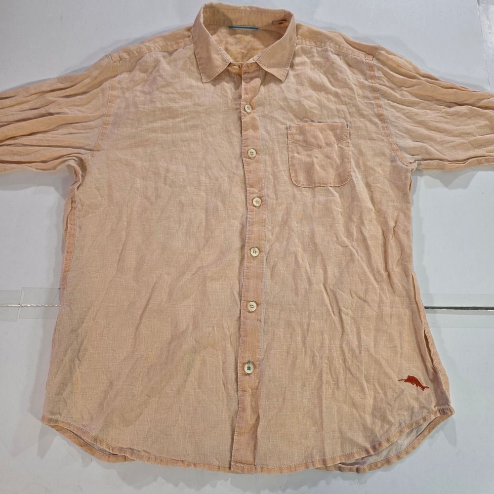 Tommy Bahama Relax Mens Large Orange 100% Linen Long Sleeve Button Down Shirt